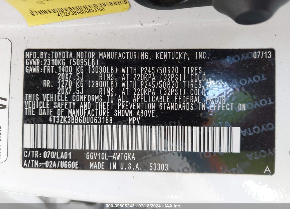 2013 TOYOTA VENZA XLE V6 VIN: 4T3ZK3BB6DU063168