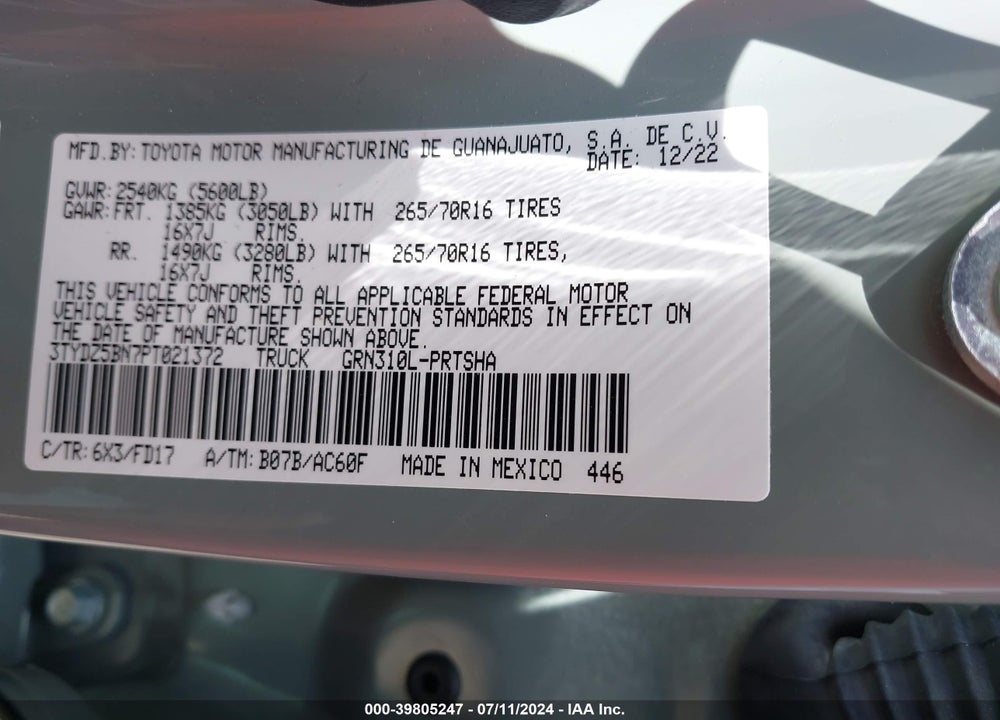 2023 TOYOTA TACOMA TRD OFF ROAD VIN: 3TYDZ5BN7PT021372