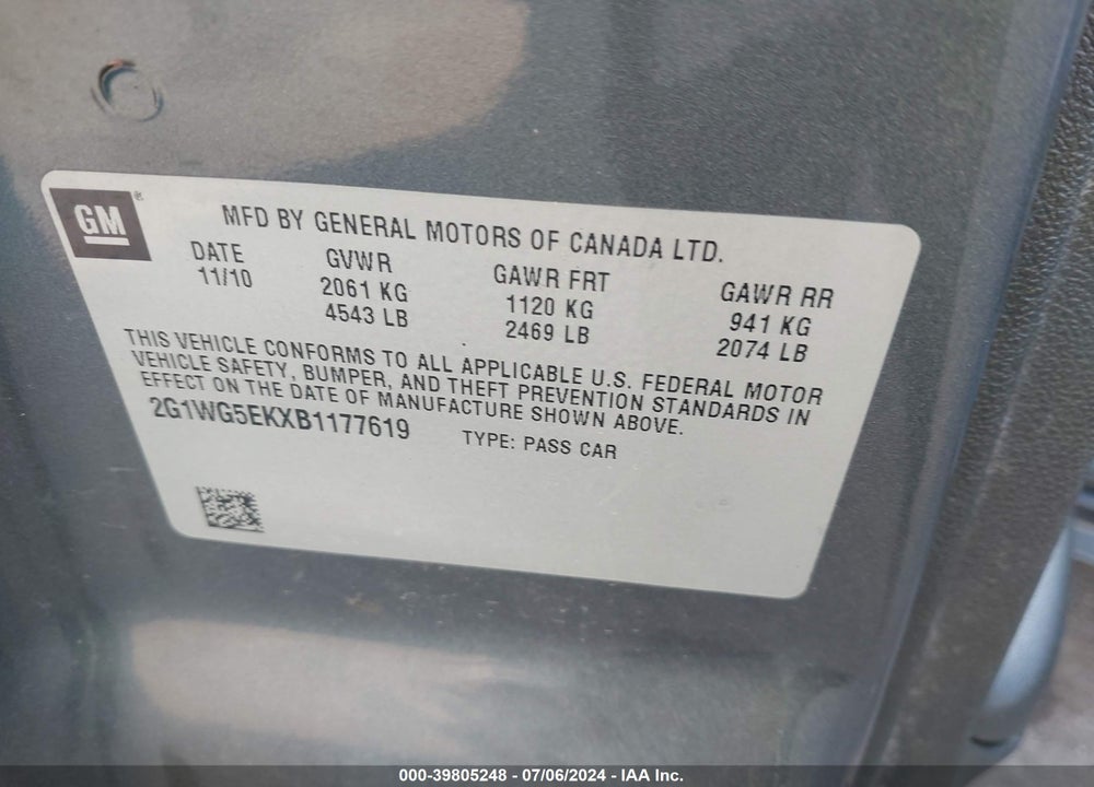 2011 CHEVROLET IMPALA LT VIN: 2G1WG5EKXB1177619