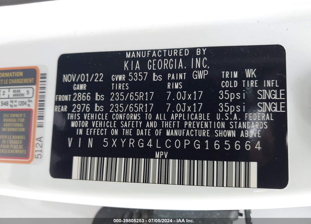 2023 KIA SORENTO VIN: 5XYRG4LC0PG165664