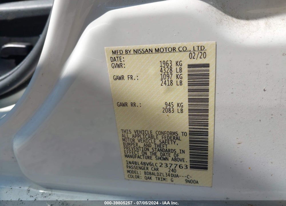 2020 NISSAN ALTIMA S FWD VIN: 1N4BL4BV6LC237763