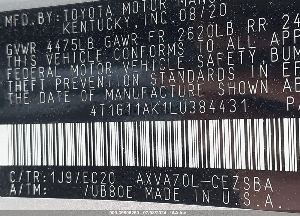 2020 TOYOTA CAMRY SE NIGHTSHADE EDITION VIN: 4T1G11AK1LU384431