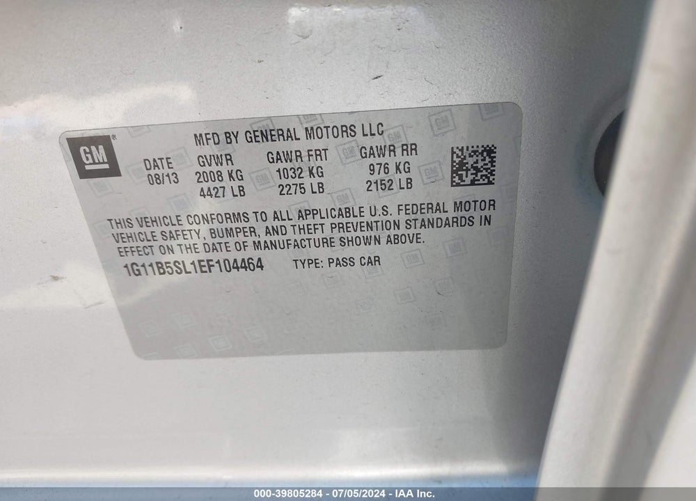 2014 CHEVROLET MALIBU 1LS VIN: 1G11B5SL1EF104464