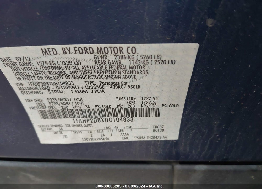 2013 FORD TAURUS SE VIN: 1FAHP2D8XDG104833