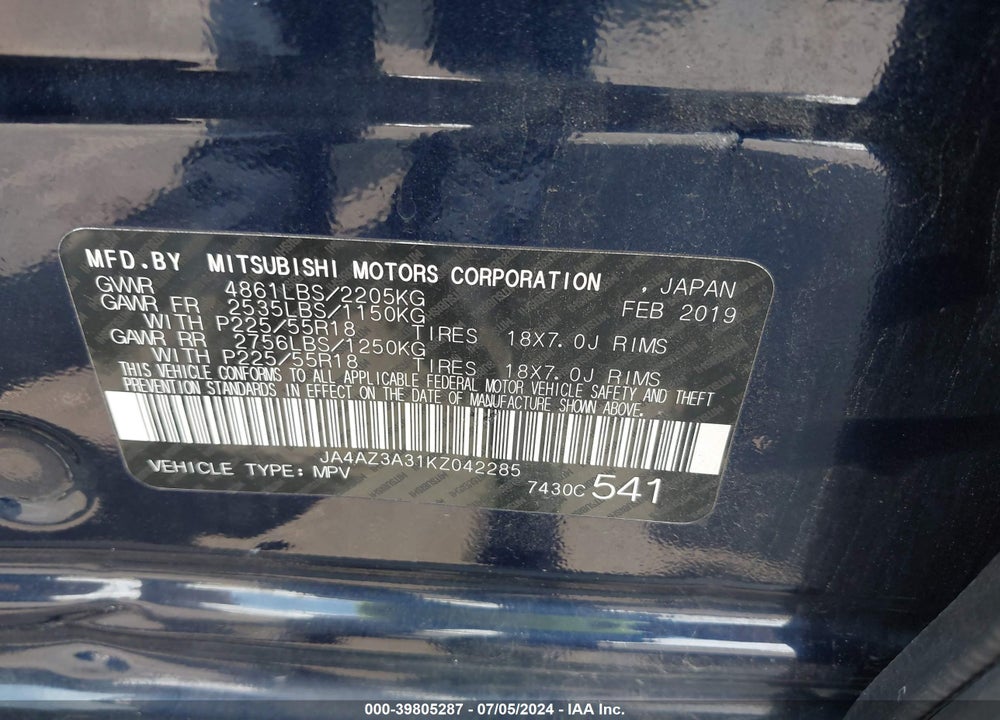 2019 MITSUBISHI OUTLANDER SE VIN: JA4AZ3A31KZ042285