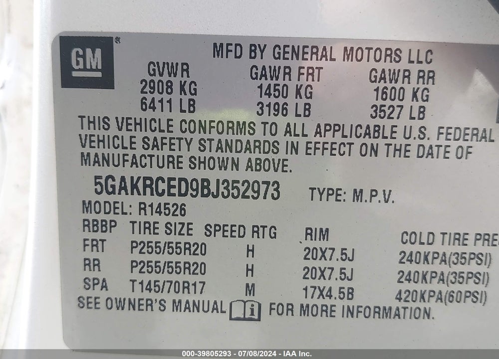 2011 BUICK ENCLAVE 2XL VIN: 5GAKRCED9BJ352973