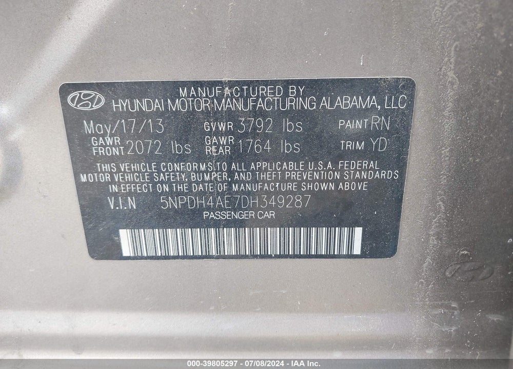 2013 HYUNDAI ELANTRA GLS VIN: 5NPDH4AE7DH349287