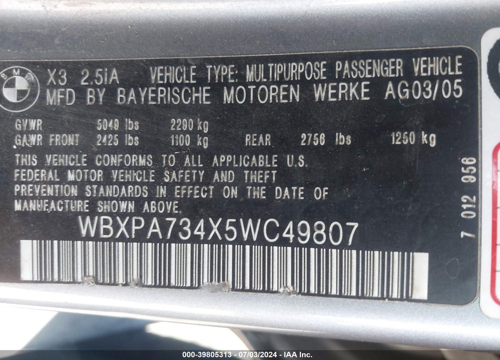 2005 BMW X3 VIN: WBXPA734X5WC49807