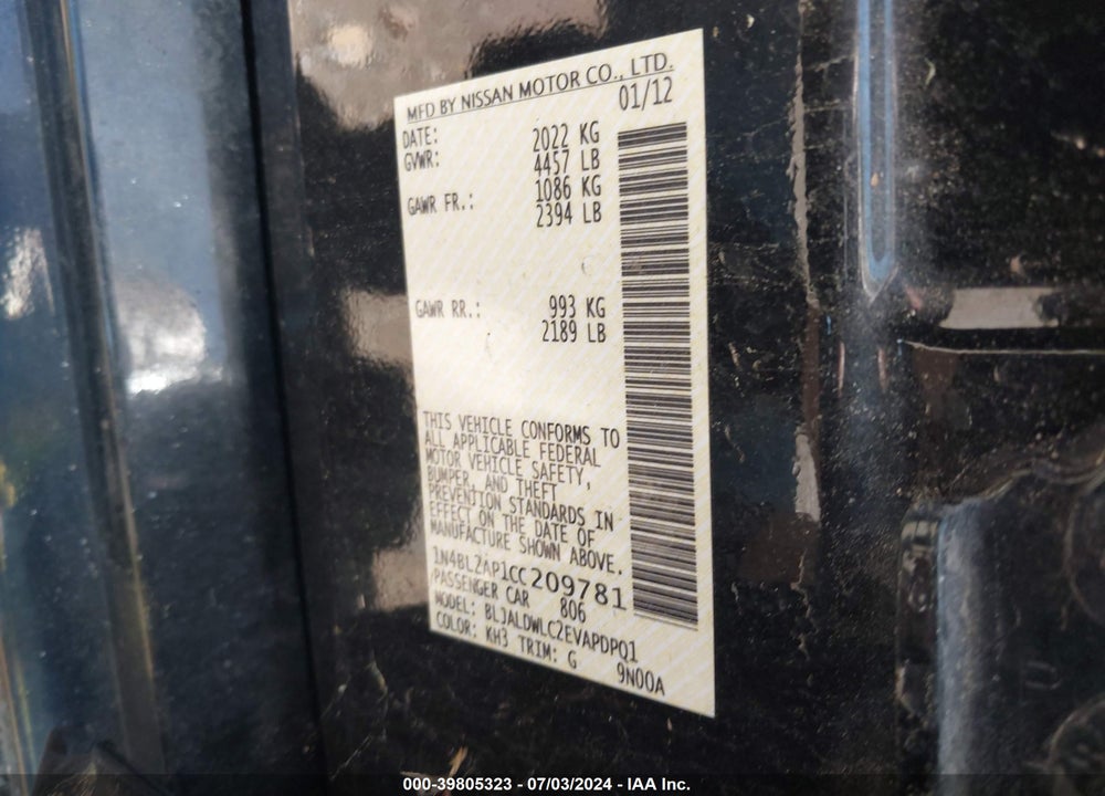 2012 NISSAN ALTIMA 3.5 SR VIN: 1N4BL2AP1CC209781