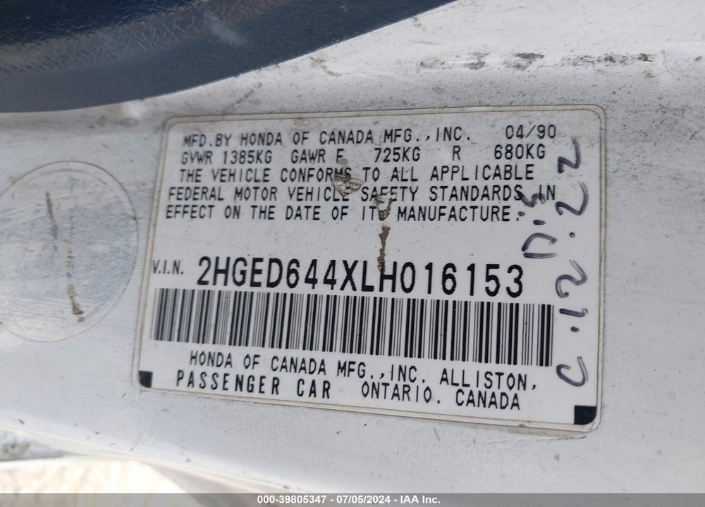 1990 HONDA CIVIC CX VIN: 2HGED644XLH016153