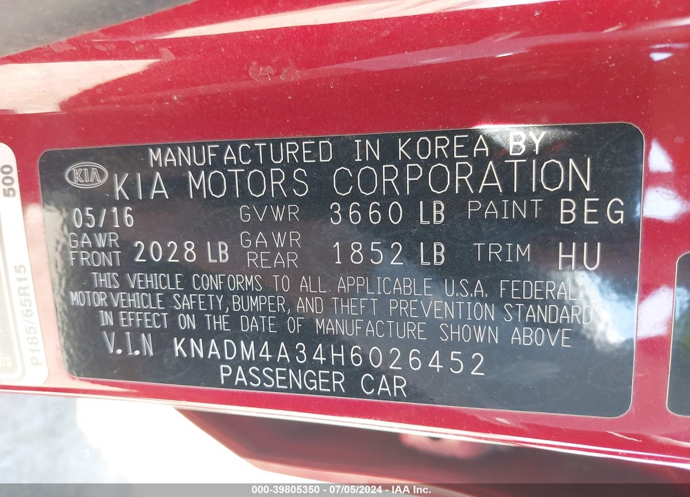 2017 KIA RIO LX VIN: KNADM4A34H6026452
