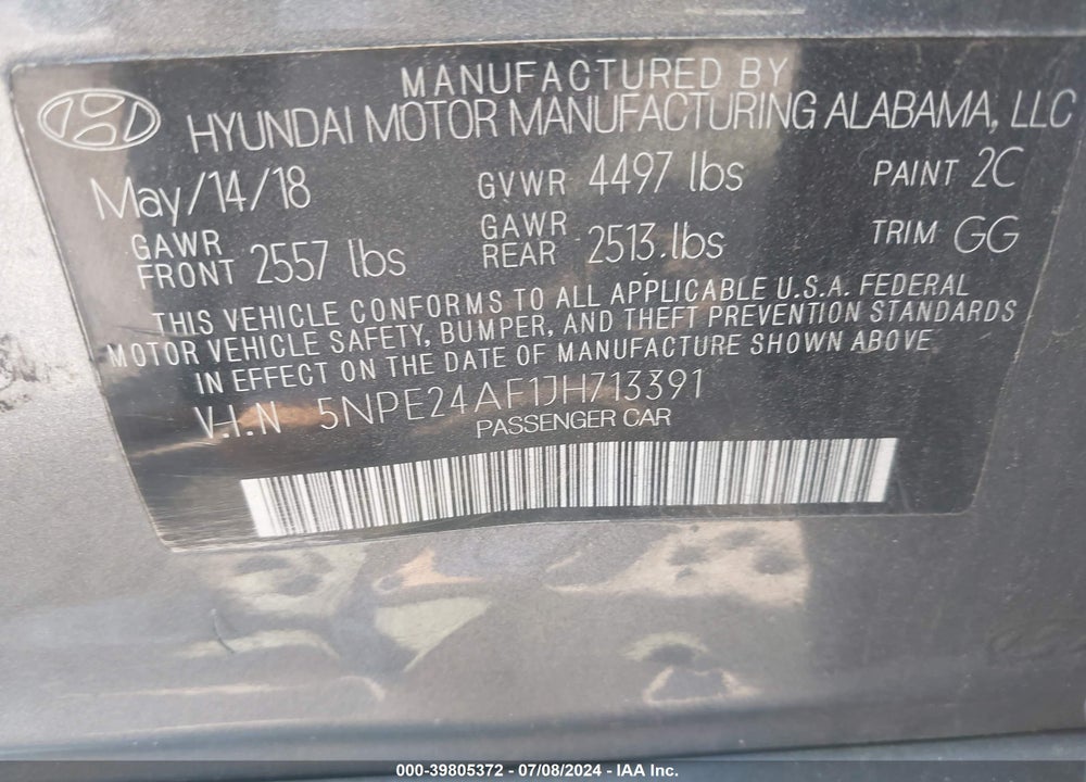 2018 HYUNDAI SONATA SE VIN: 5NPE24AF1JH713391