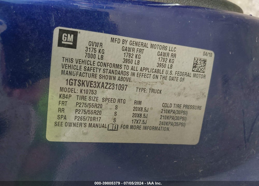 2010 GMC SIERRA 1500 SLE VIN: 1GTSKVE3XAZ231097