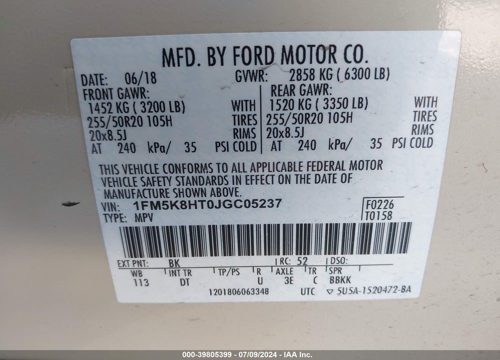 2018 FORD EXPLORER PLATINUM VIN: 1FM5K8HT0JGC05237