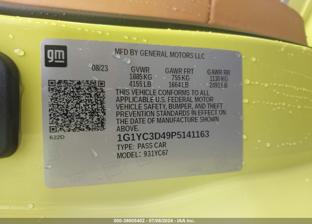 2023 CHEVROLET CORVETTE STINGRAY RWD 3LT VIN: 1G1YC3D49P5141163