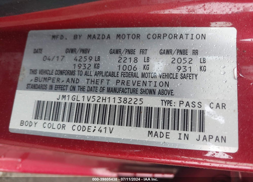 2017 MAZDA 6 TOURING VIN: JM1GL1V52H1138225