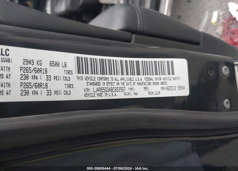 2011 JEEP GRAND CHEROKEE LIMITED VIN: 1J4RS5GG4BC652567