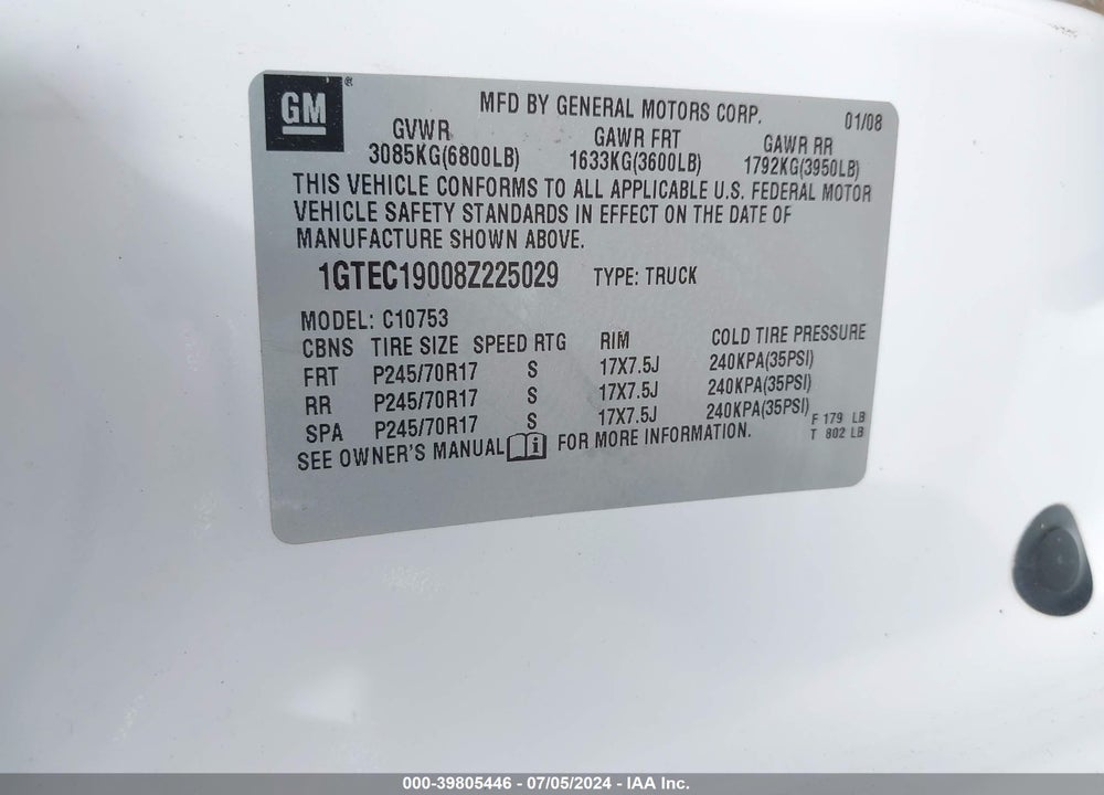 2008 GMC SIERRA 1500 VIN: 1GTEC19008Z225029