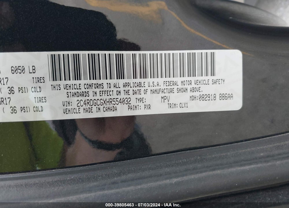 2017 DODGE GRAND CARAVAN SXT VIN: 2C4RDGCGXHR554032
