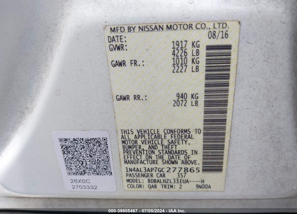 2016 NISSAN ALTIMA 2.5 SR VIN: 1N4AL3AP7GC277865