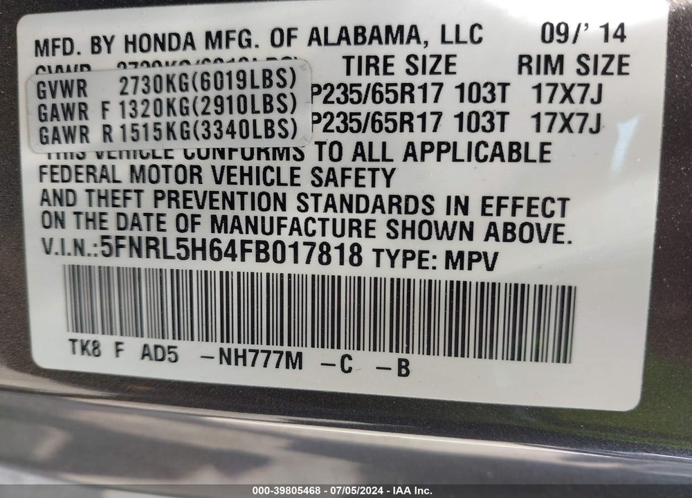2015 HONDA ODYSSEY EX-L VIN: 5FNRL5H64FB017818