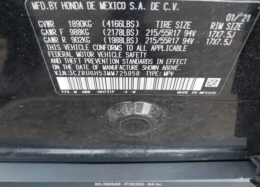 2021 HONDA HR-V VIN: 3CZRU6H53MM725958