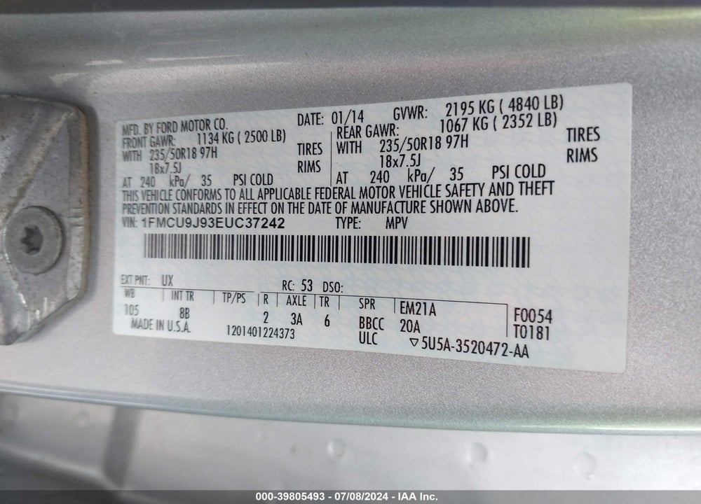 2014 FORD ESCAPE TITANIUM VIN: 1FMCU9J93EUC37242