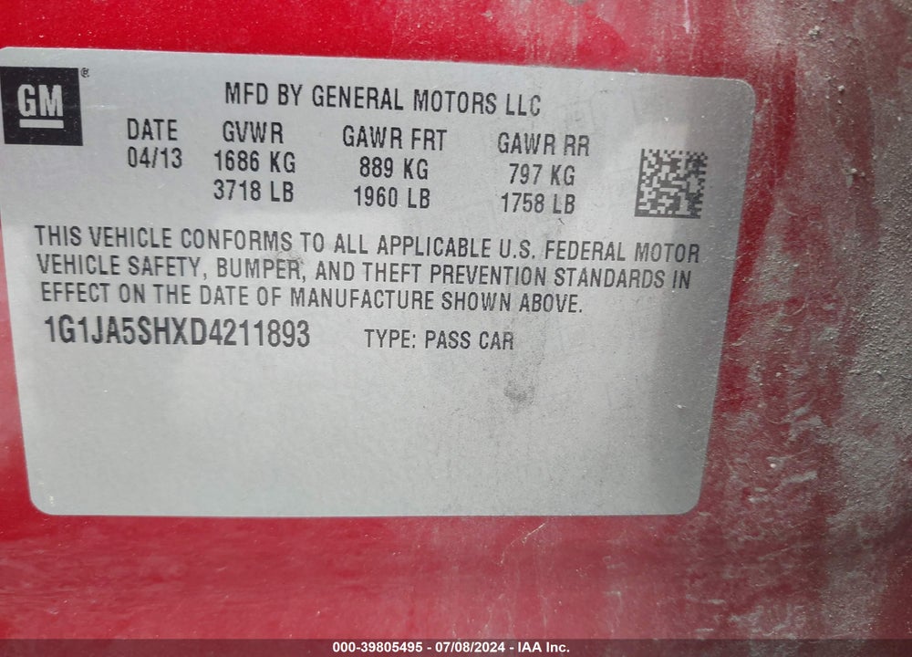 2013 CHEVROLET SONIC LS AUTO VIN: 1G1JA5SHXD4211893