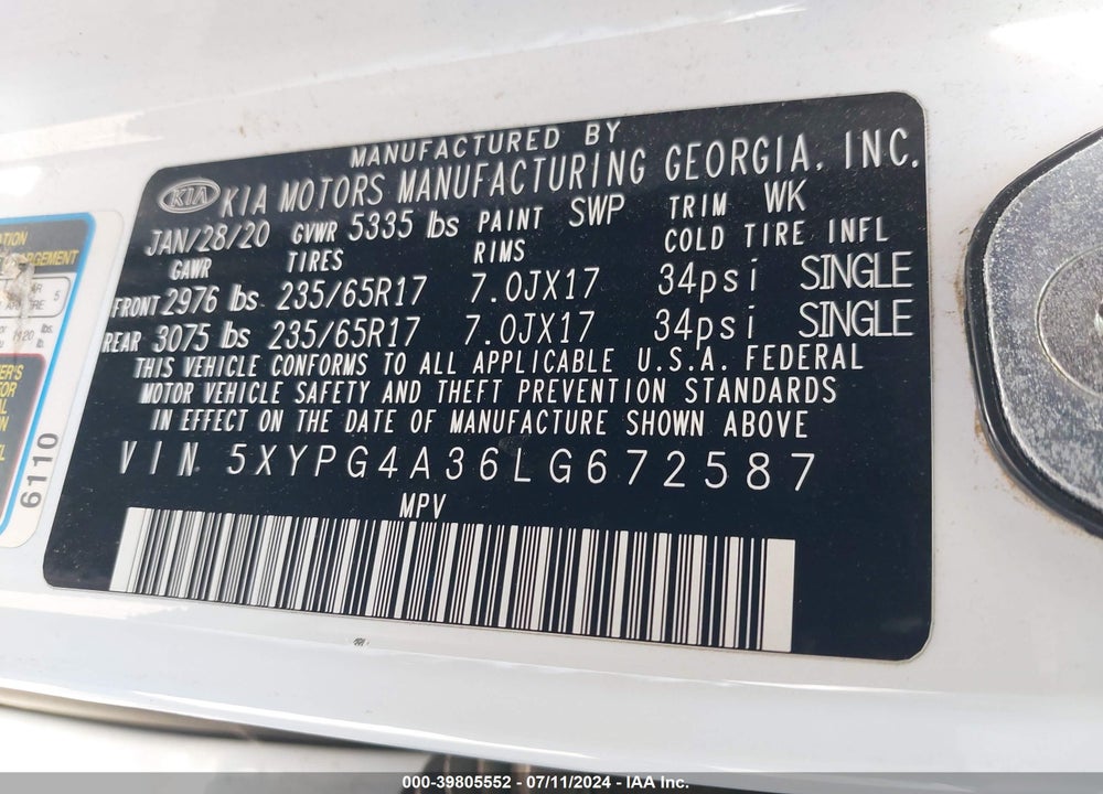 2020 KIA SORENTO 2.4L L VIN: 5XYPG4A36LG672587