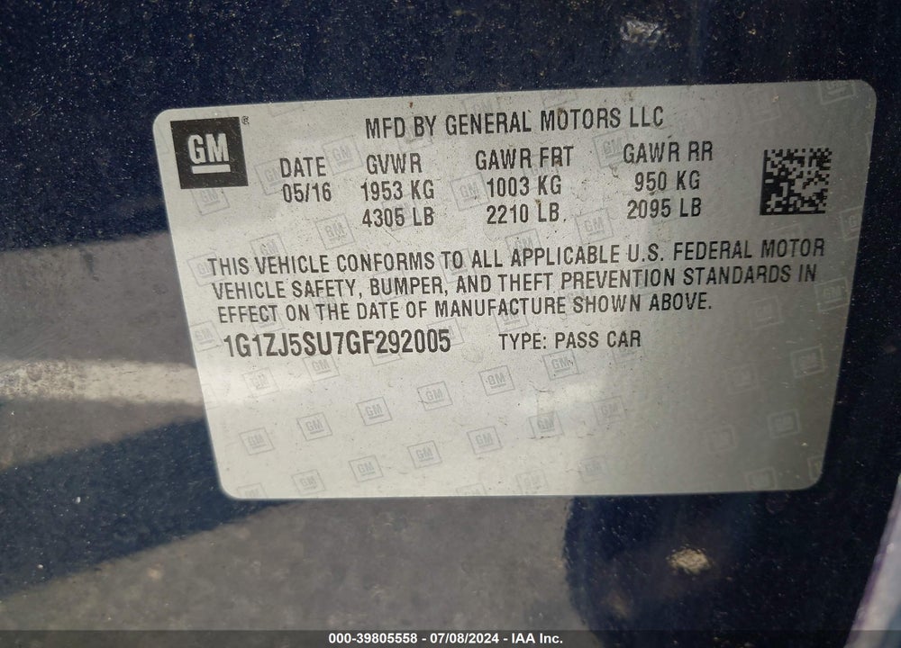 2016 CHEVROLET MALIBU HYBRID VIN: 1G1ZJ5SU7GF292005