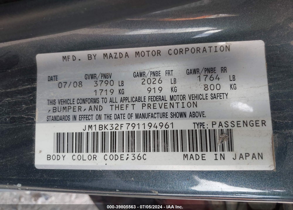 2009 MAZDA 3 I VIN: JM1BK32F791194961