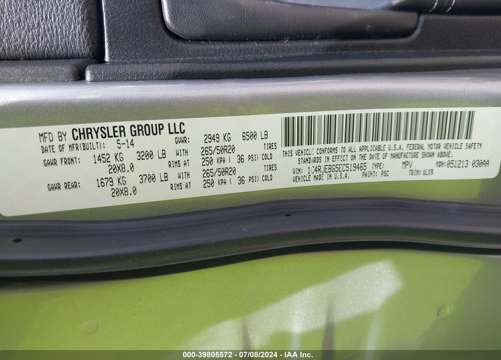 2014 JEEP GRAND CHEROKEE LIMITED VIN: 1C4RJEBG5EC519465