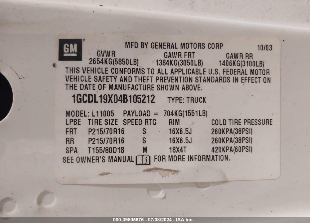 2004 CHEVROLET ASTRO VIN: 1GCDL19X04B105212
