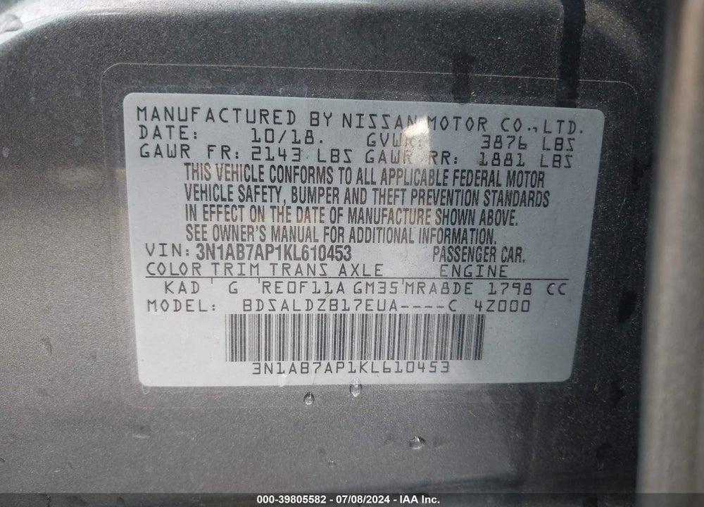 2019 NISSAN SENTRA SV VIN: 3N1AB7AP1KL610453