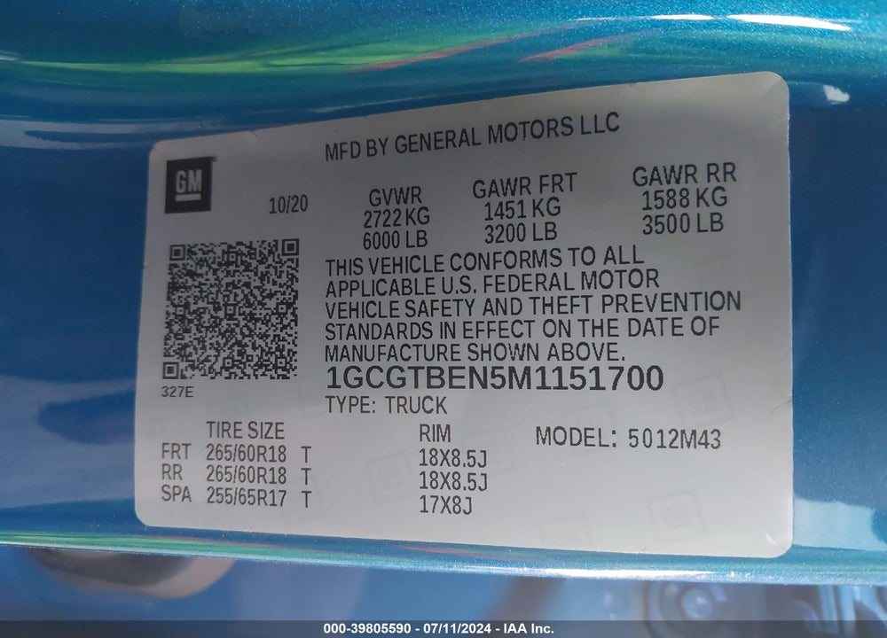 2021 CHEVROLET COLORADO 4WD SHORT BOX WT VIN: 1GCGTBEN5M1151700
