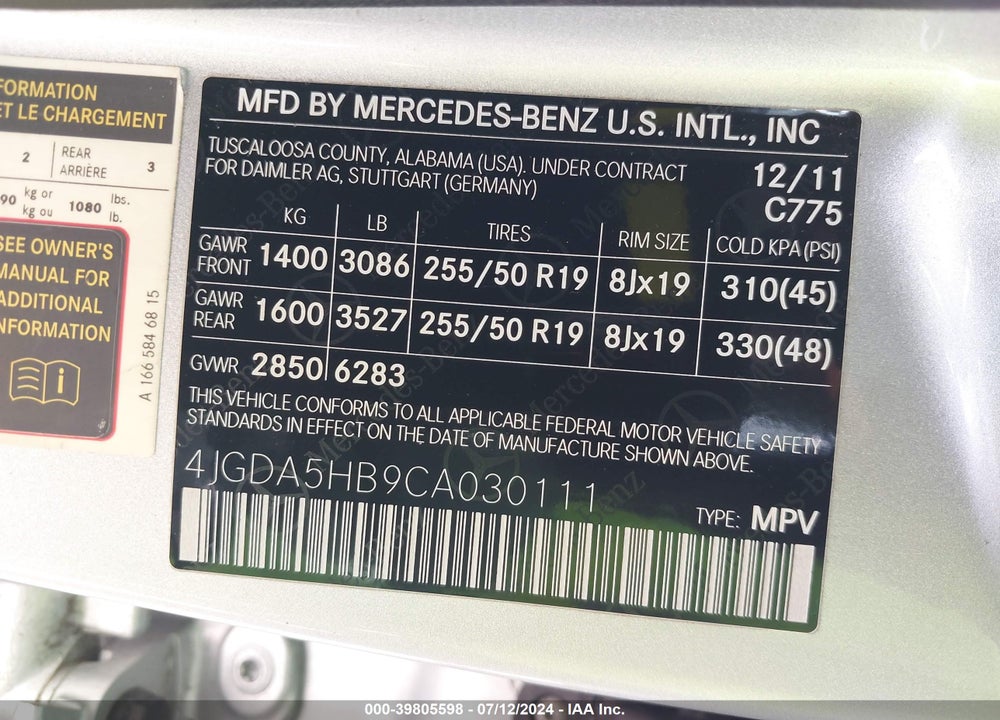 2012 MERCEDES-BENZ ML 350 4MATIC VIN: 4JGDA5HB9CA030111