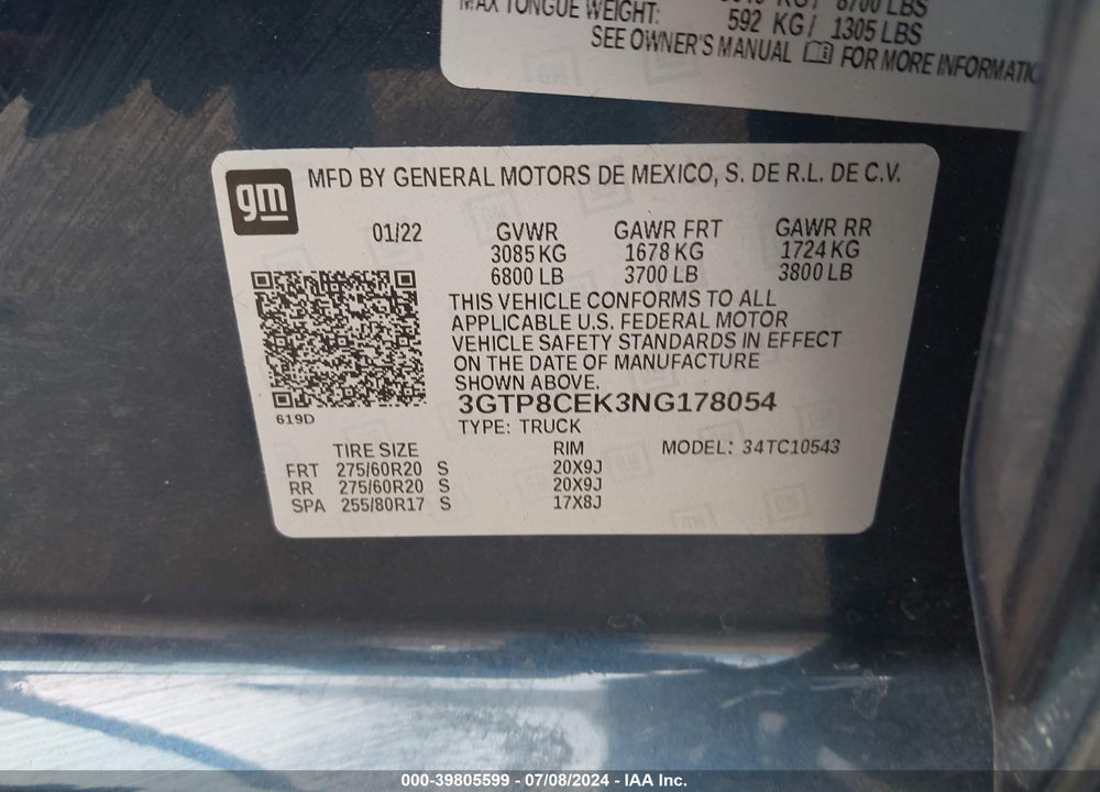 2022 GMC SIERRA 1500 LIMITED 2WD  SHORT BOX ELEVATION VIN: 3GTP8CEK3NG178054