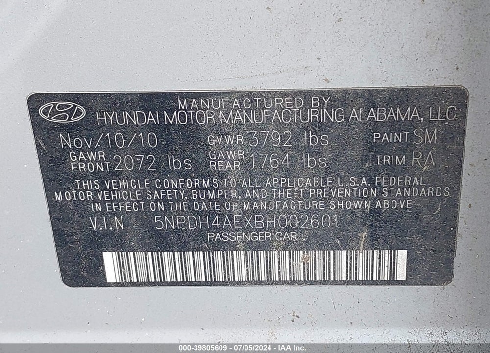 2011 HYUNDAI ELANTRA LIMITED VIN: 5NPDH4AEXBH002601