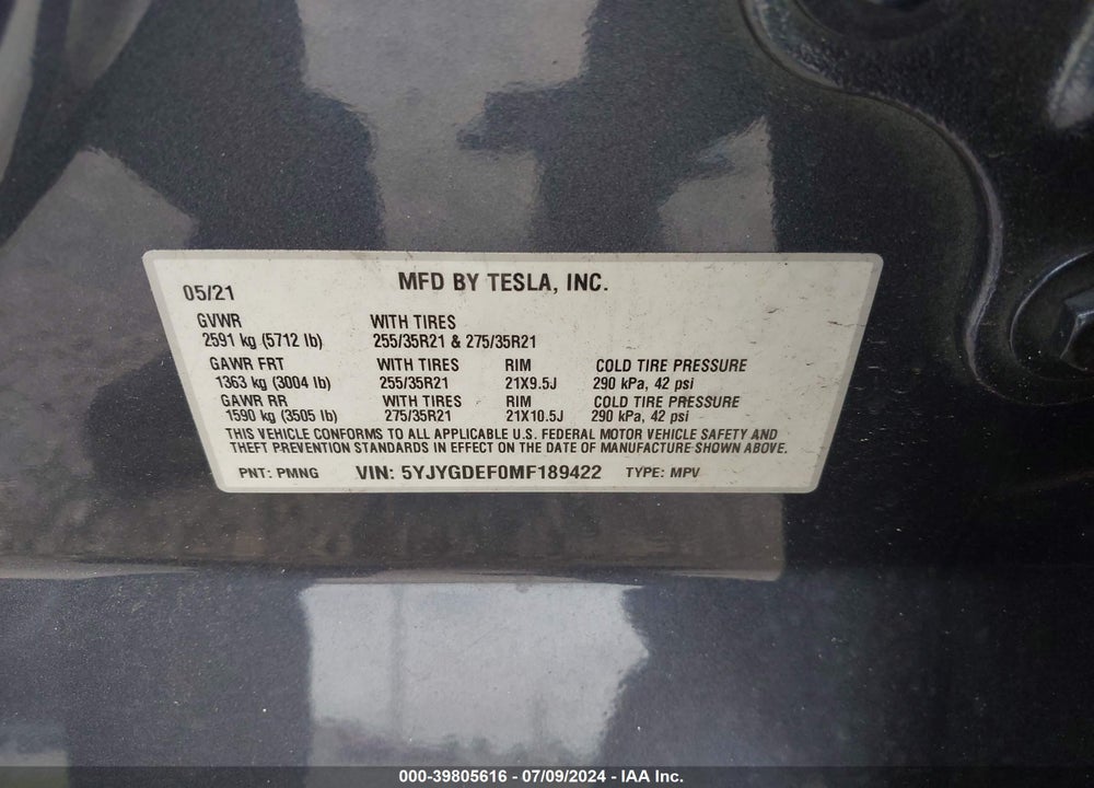 2021 TESLA MODEL Y PERFORMANCE DUAL MOTOR ALL-WHEEL DRIVE VIN: 5YJYGDEF0MF189422