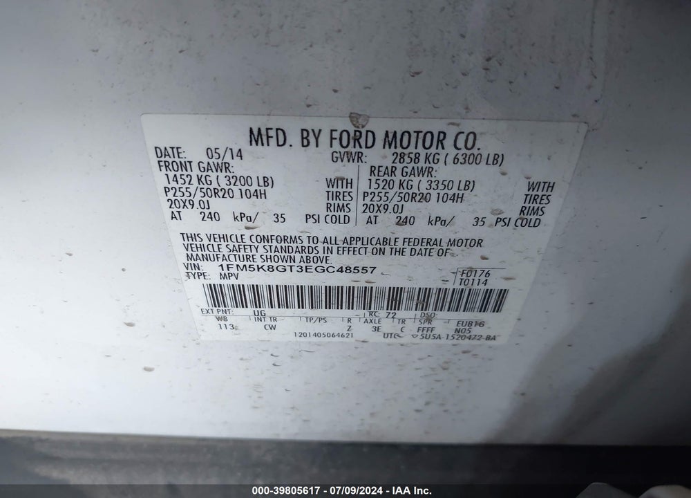 2014 FORD EXPLORER SPORT VIN: 1FM5K8GT3EGC48557