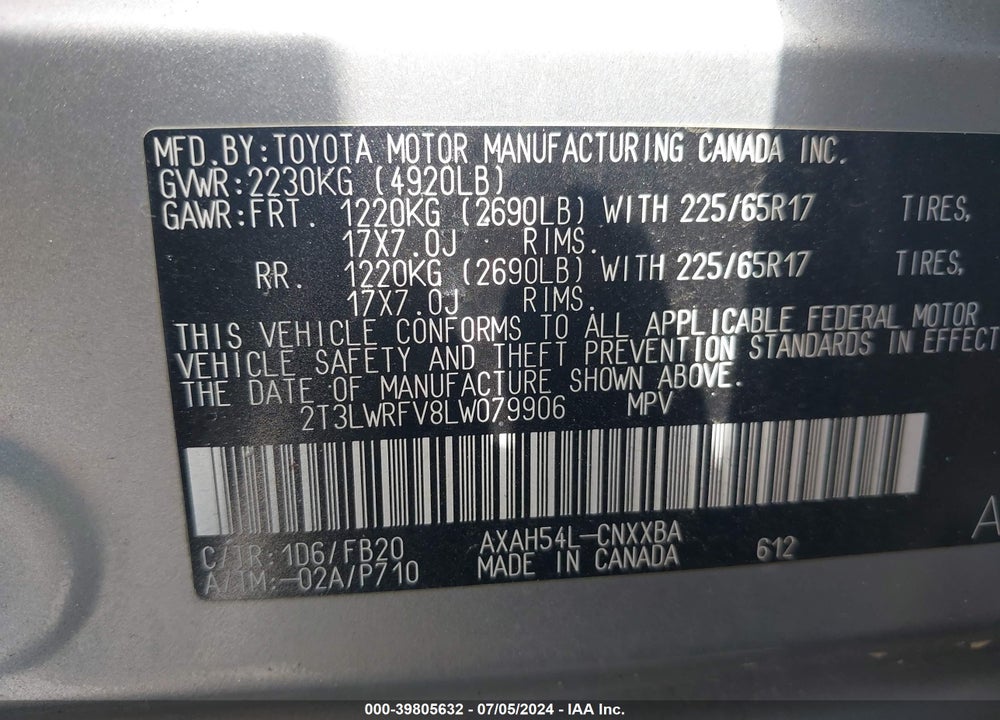 2020 TOYOTA RAV4 HYBRID LE VIN: 2T3LWRFV8LW079906