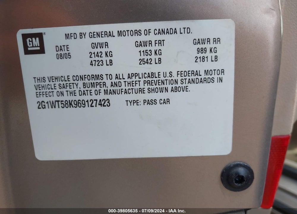 2006 CHEVROLET IMPALA LT VIN: 2G1WT58K969127423