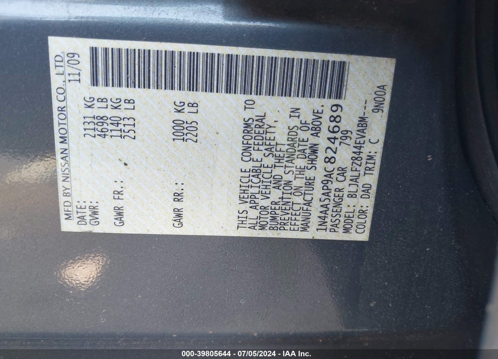2010 NISSAN MAXIMA 3.5 SV VIN: 1N4AA5AP9AC824689