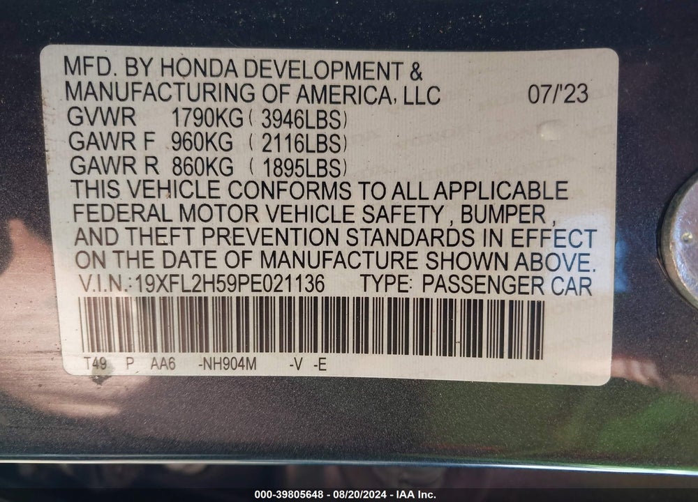 2023 HONDA CIVIC LX VIN: 19XFL2H59PE021136