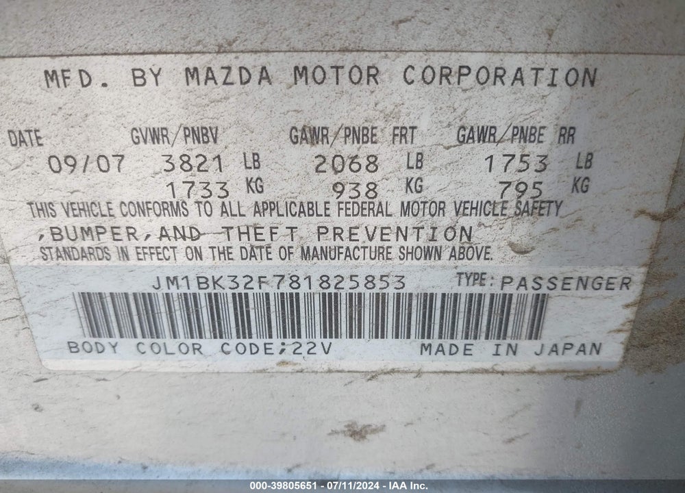 2008 MAZDA 3 I VIN: JM1BK32F781825853