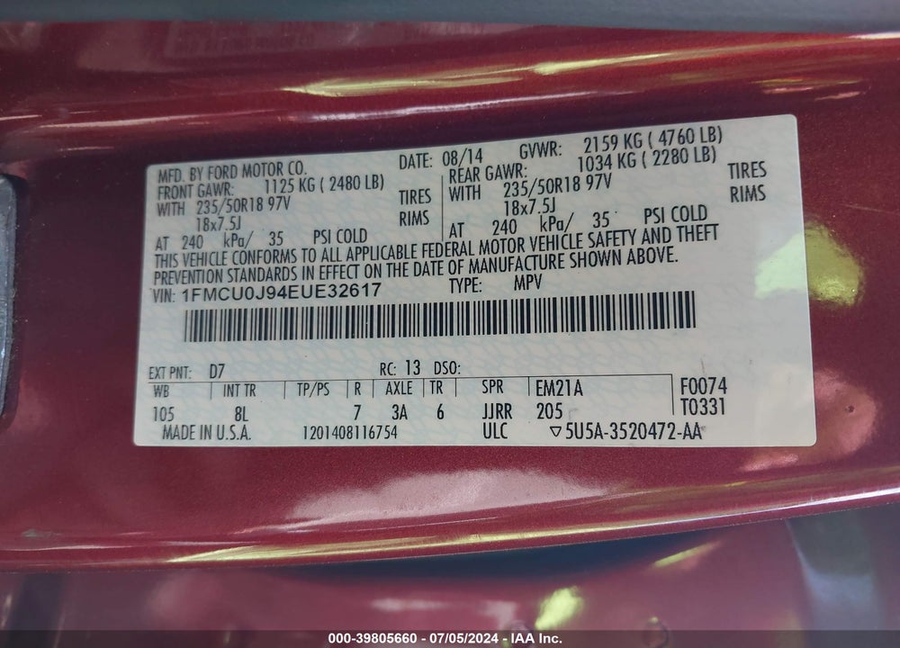 2014 FORD ESCAPE TITANIUM VIN: 1FMCU0J94EUE32617