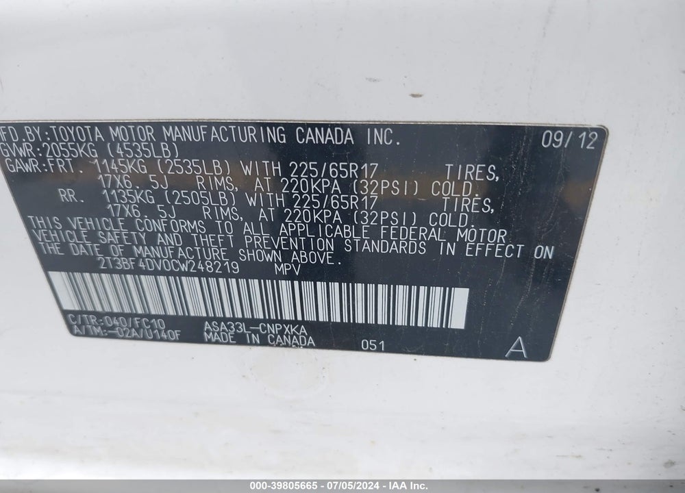 2012 TOYOTA RAV4 VIN: 2T3BF4DV0CW248219
