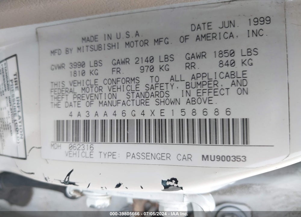 1999 MITSUBISHI GALANT ES VIN: 4A3AA46G4XE158686