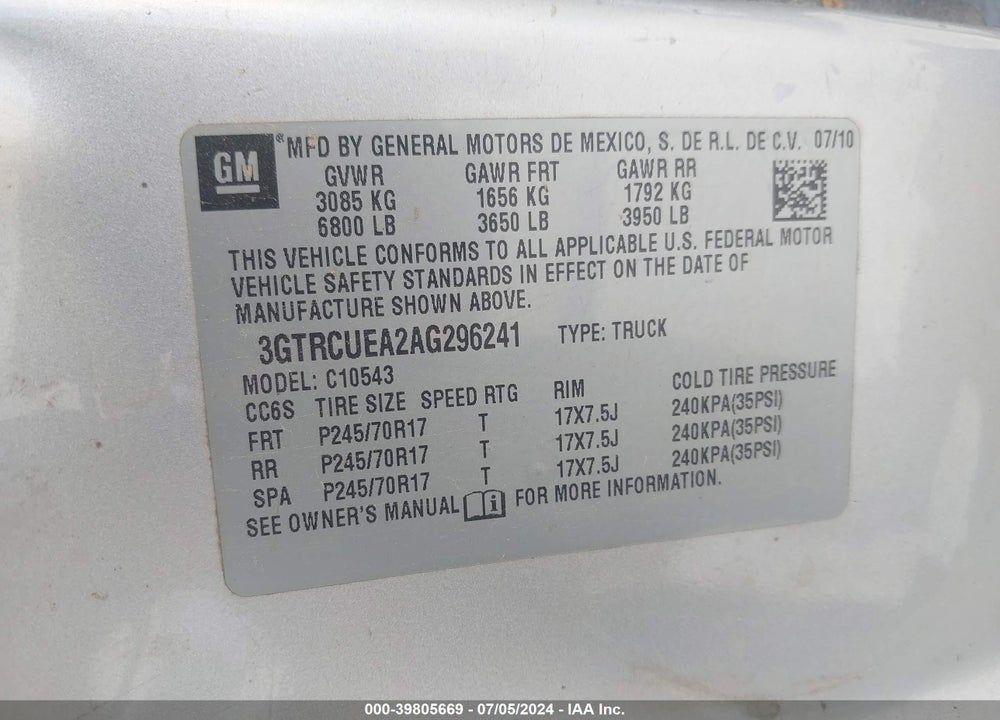 2010 GMC SIERRA 1500 SL VIN: 3GTRCUEA2AG296241