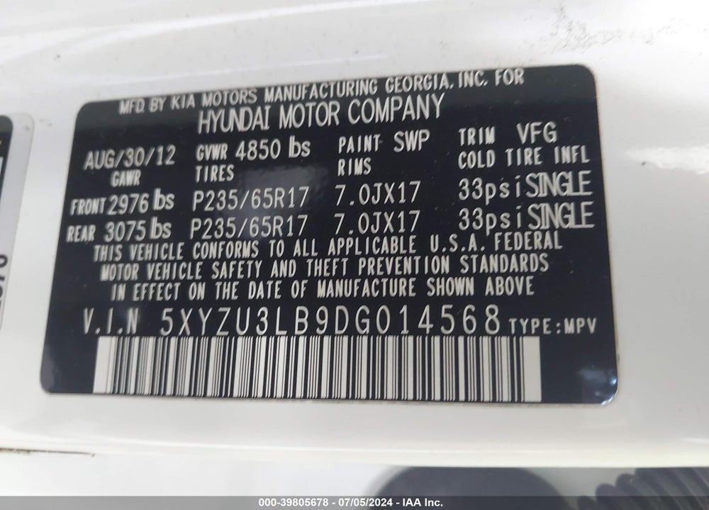 2013 HYUNDAI SANTA FE SPORT VIN: 5XYZU3LB9DG014568